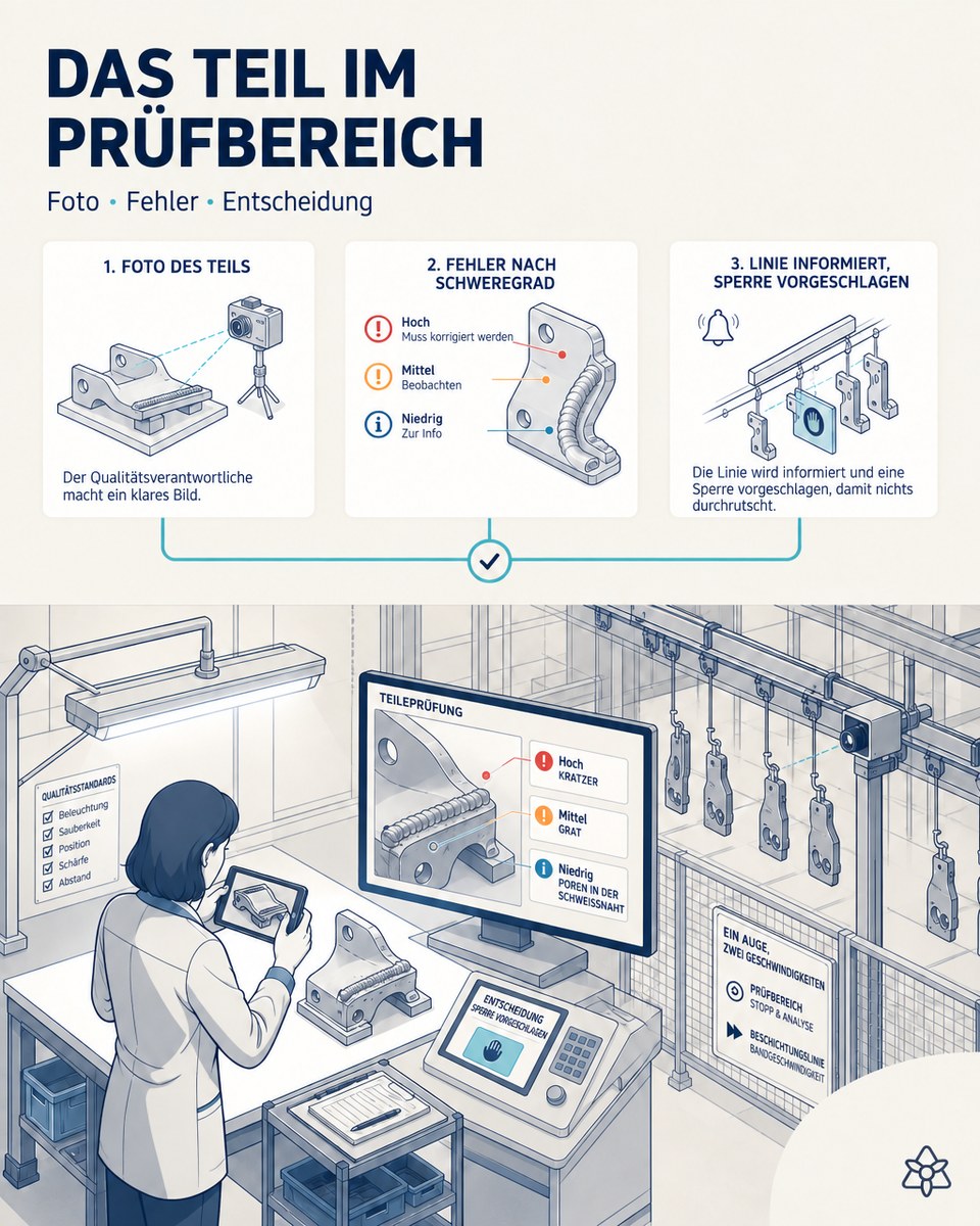Redaktionelle Illustration: Um 12:10 fotografiert der Qualitätsverantwortliche ein Automobilbauteil im Prüfbereich; der Bildschirm zeigt Kratzer, Grat und Poren, nach Schweregrad klassifiziert, mit der vorgeschlagenen Sperrung.