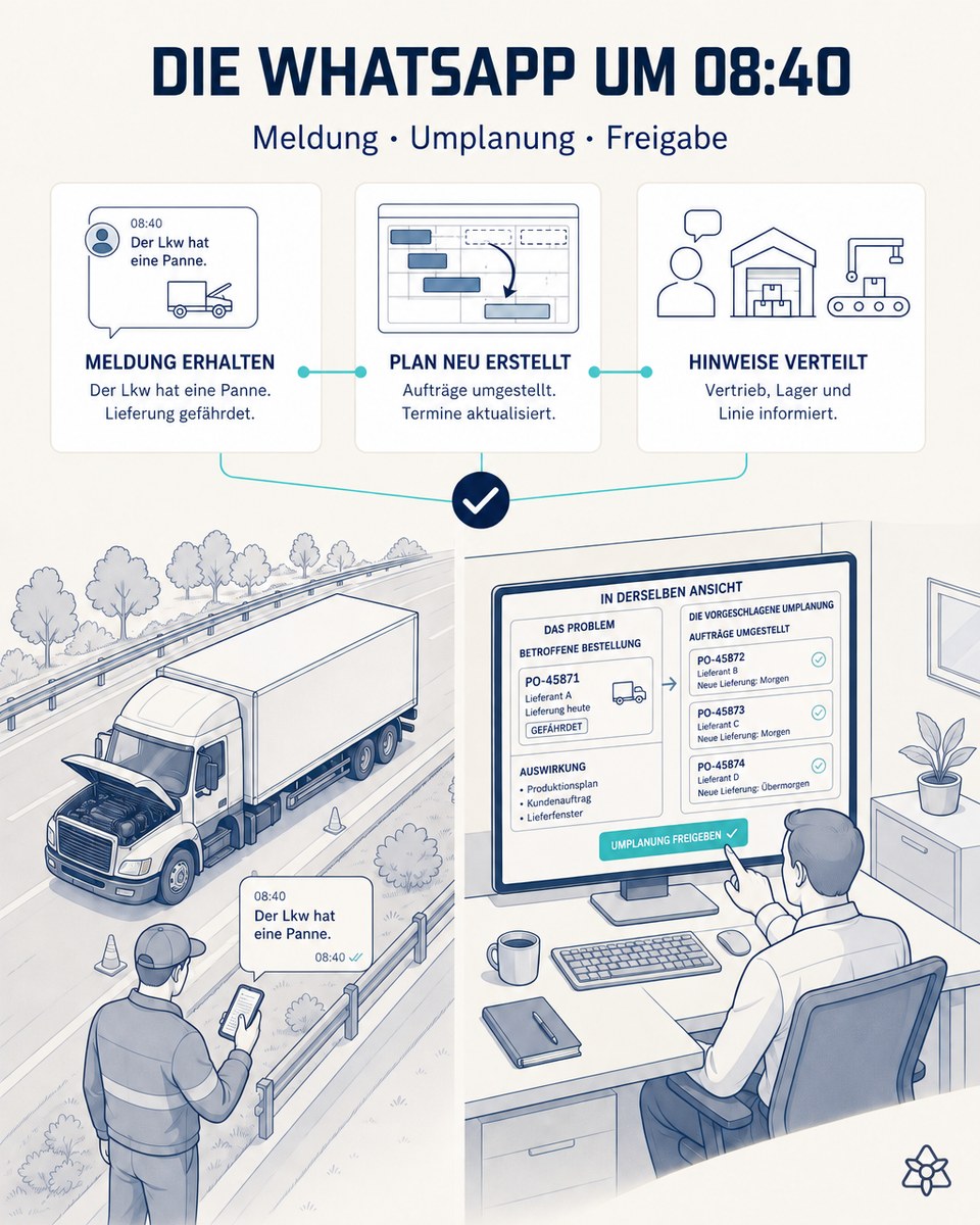 Redaktionelle Illustration: Um 08:40 meldet eine WhatsApp-Nachricht einen Lkw mit Panne; auf dem Bildschirm die betroffene Bestellung und die vorgeschlagene Umplanung mit verschobenen Aufträgen und Meldungen an Vertrieb, Lager und Linie.