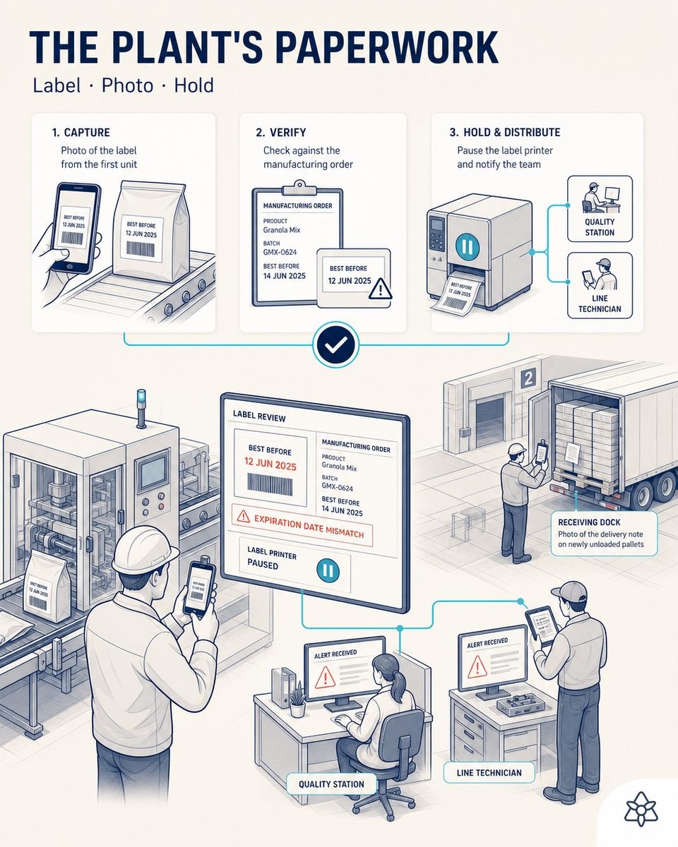 Editorial illustration: at 7:31 a.m. the production manager photographs the first unit's label, the system flags the expiration-date discrepancy, holds the printer and distributes the alert to quality and the line technician.