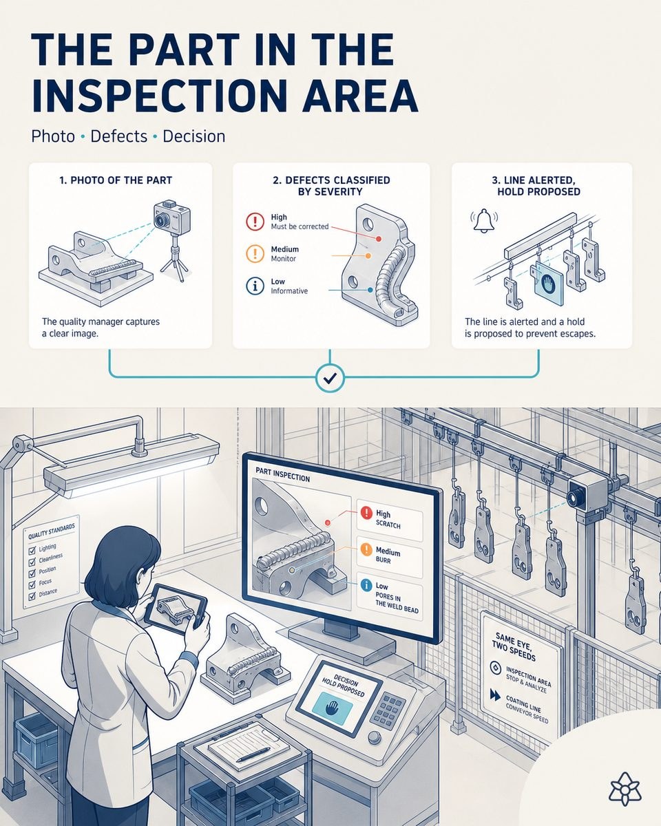 Editorial illustration: at 12:10 p.m. the quality manager photographs an automotive part in the inspection area and the screen shows a scratch, a burr and pores classified by severity, with the proposed hold.