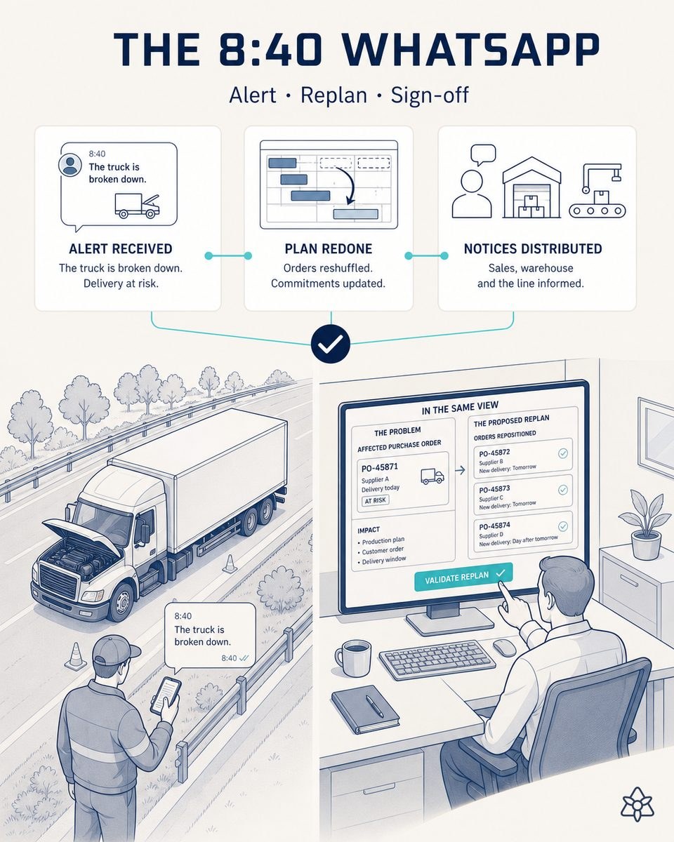 Editorial illustration: at 8:40 a.m. a WhatsApp message reports a broken down truck; on screen, the affected purchase order and the proposed replanning with reshuffled orders and alerts to sales, warehouse and line.