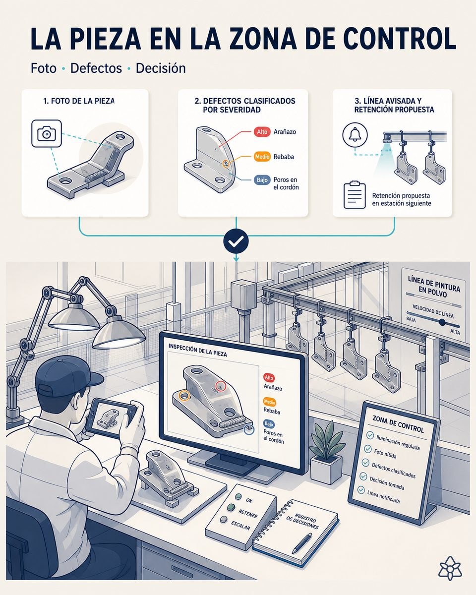 Ilustración editorial: a las 12:10 el responsable de calidad fotografía una pieza de automoción en la zona de control y la pantalla muestra arañazo, rebaba y poros clasificados por severidad, con la retención propuesta.