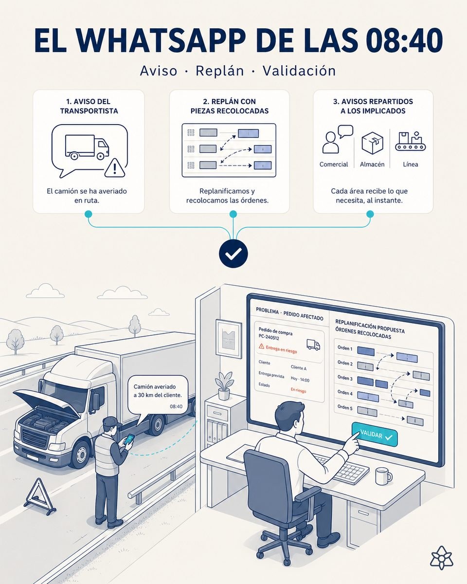 Ilustración editorial: a las 08:40 llega un WhatsApp avisando de un camión averiado; en pantalla, el pedido de compra afectado y la replanificación propuesta con las órdenes recolocadas y los avisos a comercial, almacén y línea.