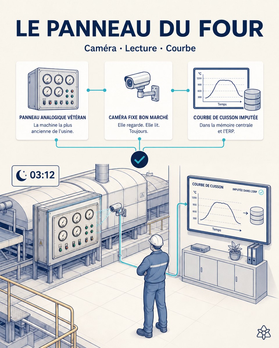 Illustration éditoriale : à 03:12, une caméra fixe bon marché filme le panneau analogique du four, et sa courbe de cuisson apparaît imputée dans la mémoire centrale et dans l'ERP.