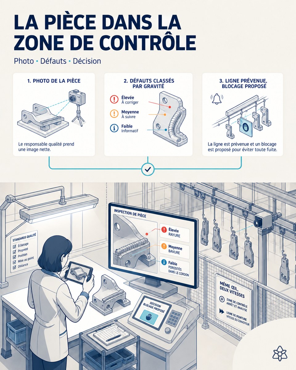 Illustration éditoriale : à 12:10, le responsable qualité photographie une pièce automobile dans la zone de contrôle ; l'écran affiche rayure, bavure et porosités classées par gravité, avec le blocage proposé.