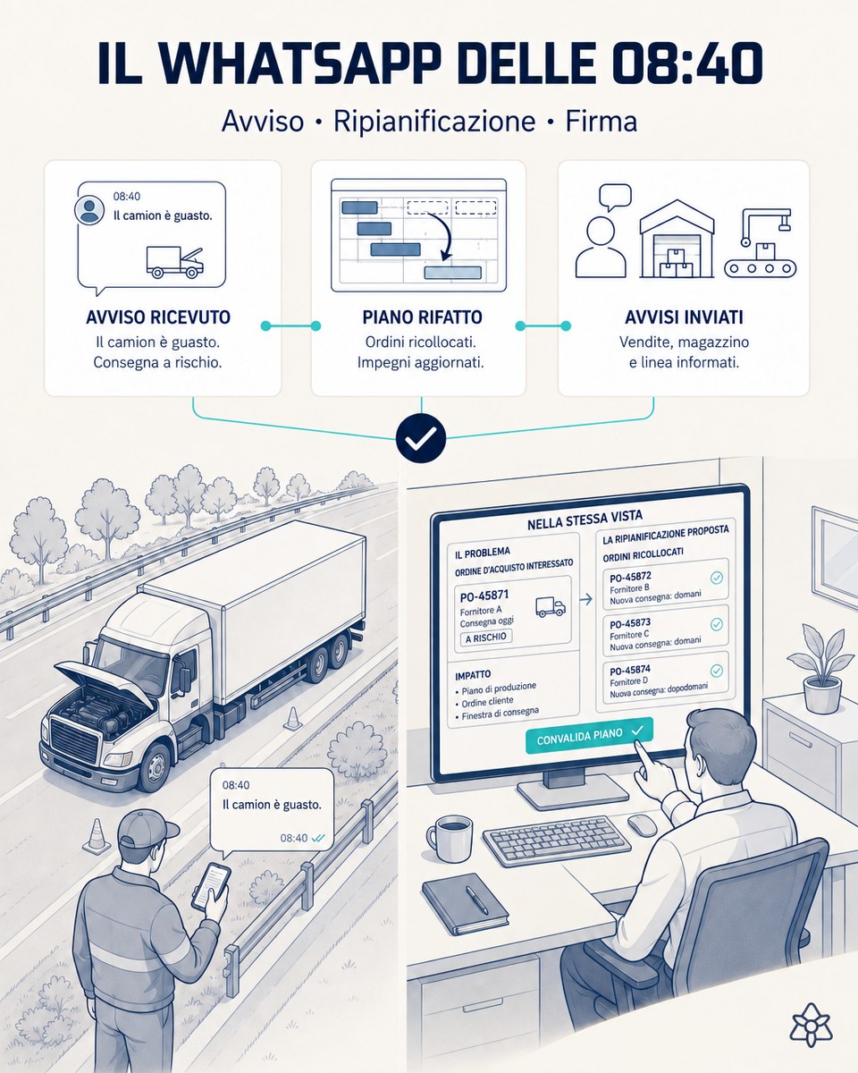 Illustrazione editoriale: alle 08:40 arriva un WhatsApp che segnala un camion guasto; sullo schermo, l'ordine d'acquisto interessato e la ripianificazione proposta, con gli ordini ricollocati e gli avvisi a commerciale, magazzino e linea.
