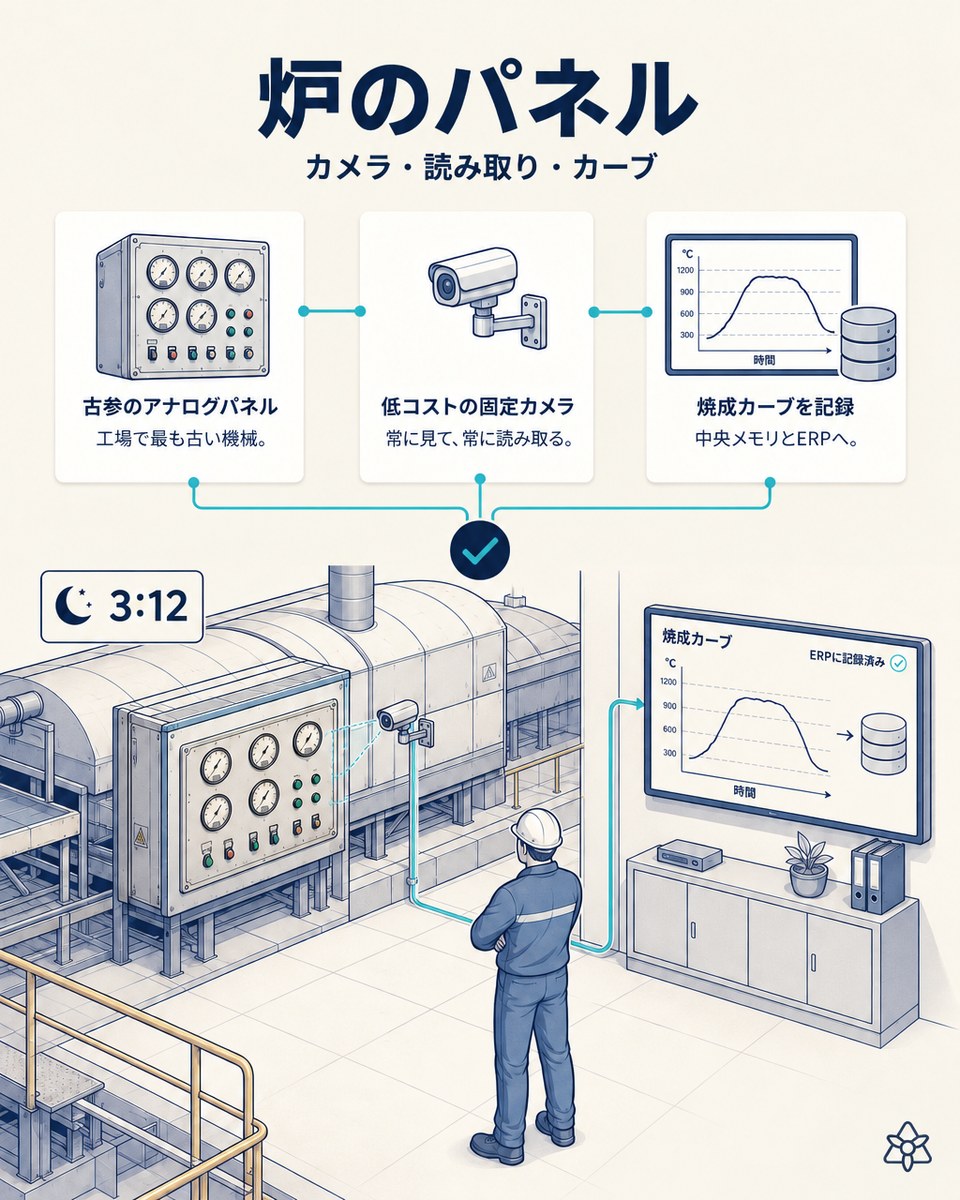 イラスト：03:12、低コストの固定カメラが炉のアナログパネルに向けられ、焼成カーブが中央メモリとERPに記録されていく。