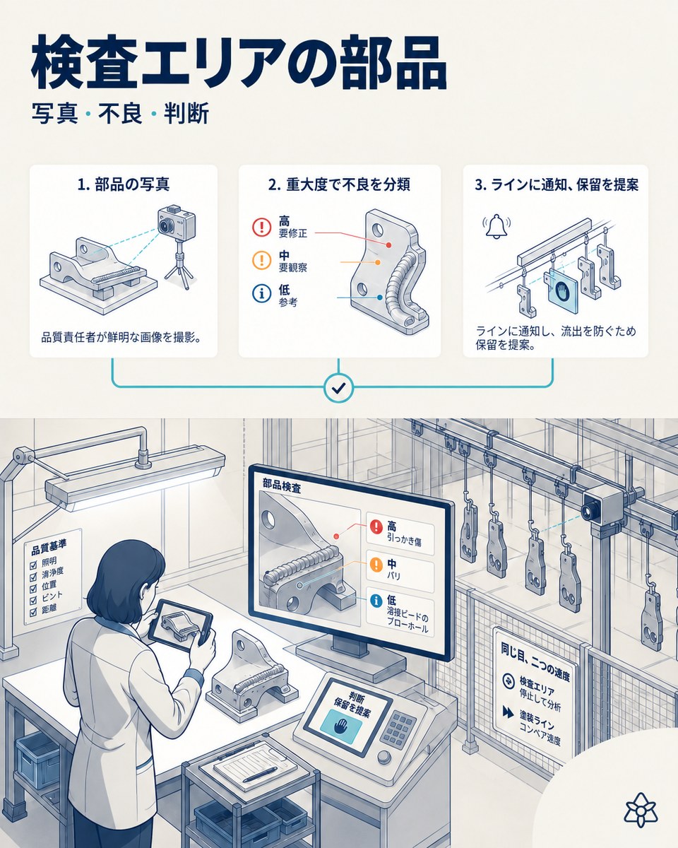 イラスト：12:10、品質責任者が検査エリアで自動車部品を撮影。画面には重大度で分類された引っかき傷、バリ、ブローホールと、提案された保留が表示されている。