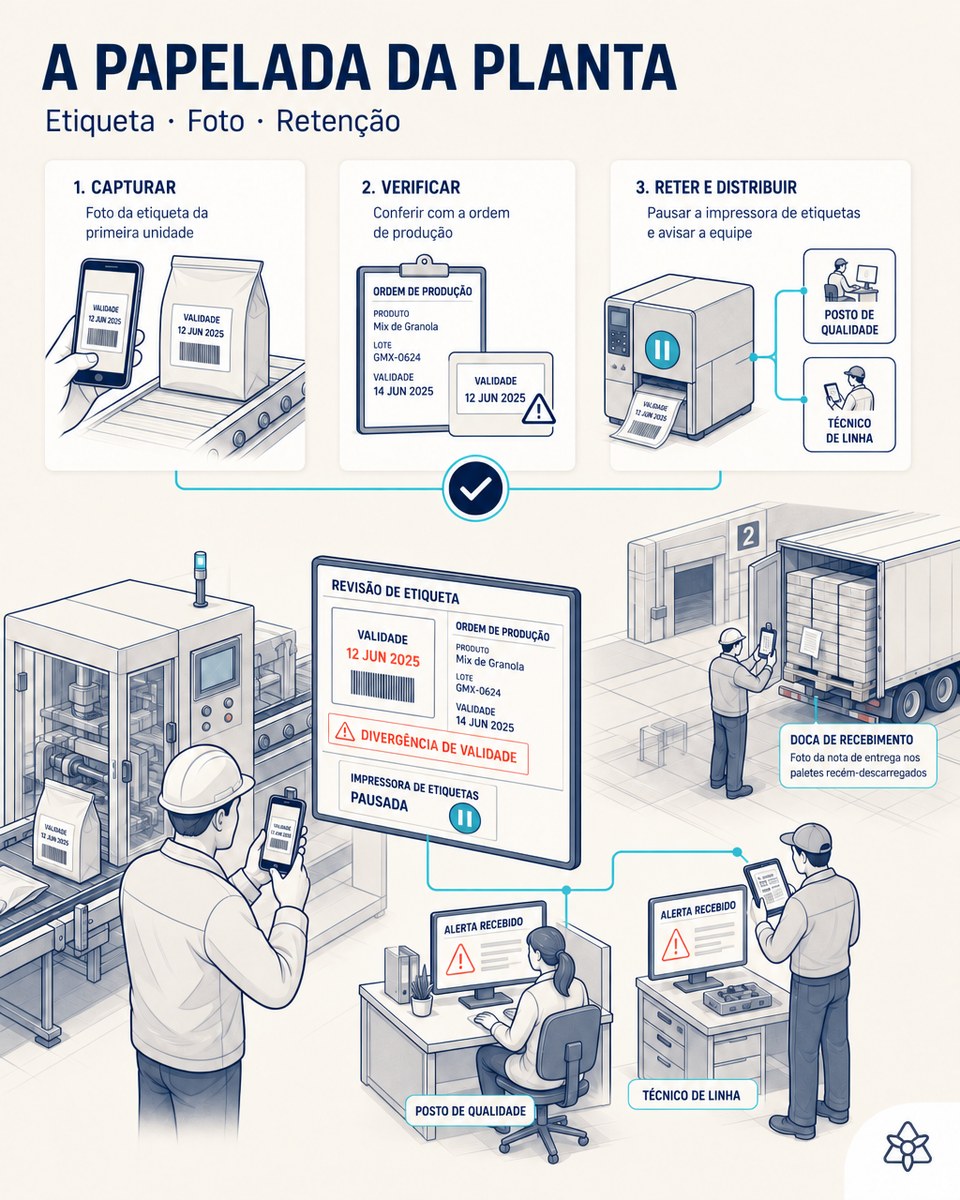 Ilustração editorial: às 07:31, o chefe de produção fotografa a etiqueta da primeira unidade; o sistema marca a divergência de validade, retém a impressora e distribui o aviso à qualidade e ao técnico de linha.