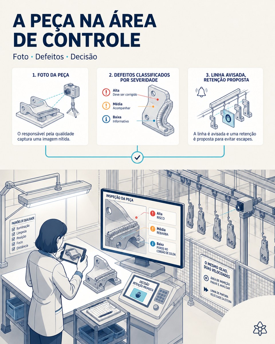 Ilustração editorial: às 12:10, o responsável pela qualidade fotografa uma peça automotiva na área de controle e a tela mostra risco, rebarba e poros classificados por severidade, com a retenção proposta.