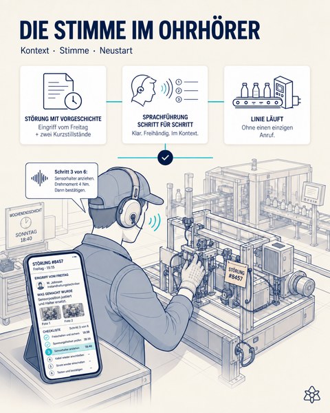 Redaktionelle Illustration: Sonntag, 18:40 – der Techniker in Rufbereitschaft sieht auf dem Handy die Störmeldung mit ihrer Vorgeschichte, während ihn der Ohrhörer Schritt für Schritt führt, die Hände frei.