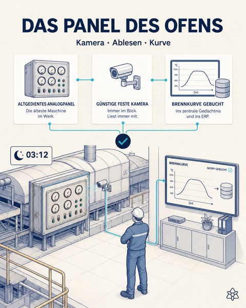 Redaktionelle Illustration: Um 03:12 ist eine feste, kostengünstige Kamera auf das analoge Bedienpanel des Ofens gerichtet; die Brennkurve erscheint im zentralen Gedächtnis und im ERP.