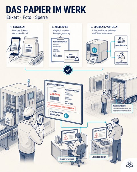 Redaktionelle Illustration: Um 07:31 fotografiert der Produktionsleiter das Etikett der ersten Einheit; das System markiert die Abweichung beim Verfallsdatum, sperrt den Drucker und verteilt die Meldung an Qualität und Linientechniker.