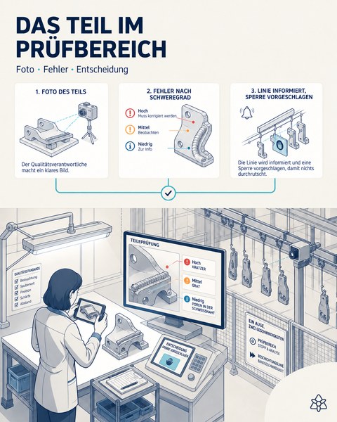 Redaktionelle Illustration: Um 12:10 fotografiert der Qualitätsverantwortliche ein Automobilbauteil im Prüfbereich; der Bildschirm zeigt Kratzer, Grat und Poren, nach Schweregrad klassifiziert, mit der vorgeschlagenen Sperrung.