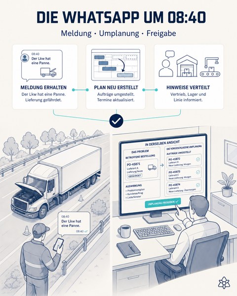Redaktionelle Illustration: Um 08:40 meldet eine WhatsApp-Nachricht einen Lkw mit Panne; auf dem Bildschirm die betroffene Bestellung und die vorgeschlagene Umplanung mit verschobenen Aufträgen und Meldungen an Vertrieb, Lager und Linie.