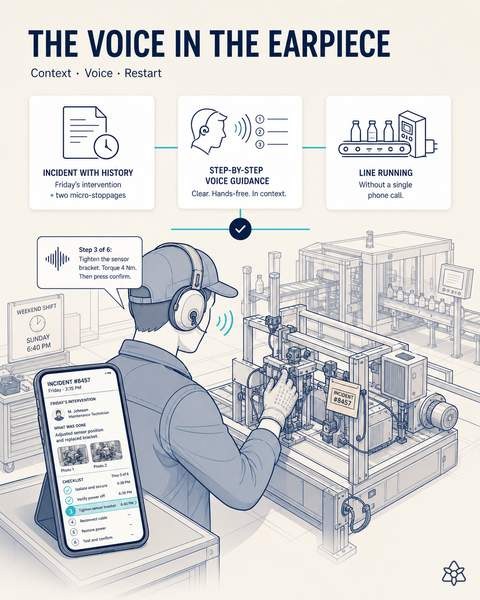 Editorial illustration: Sunday at 6:40 p.m., the on-call technician checks the incident and its history on his phone while the earpiece guides him step by step, hands-free.