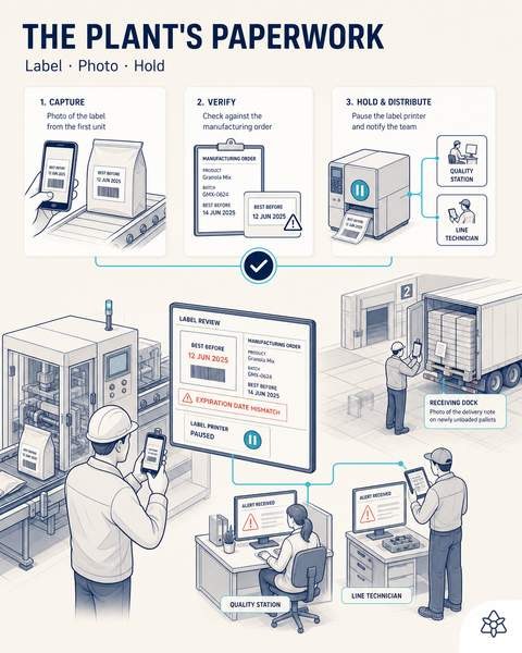 Editorial illustration: at 7:31 a.m. the production manager photographs the first unit's label, the system flags the expiration-date discrepancy, holds the printer and distributes the alert to quality and the line technician.