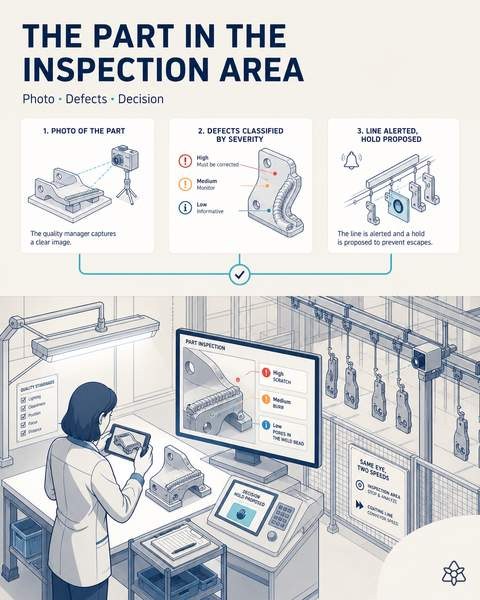 Editorial illustration: at 12:10 p.m. the quality manager photographs an automotive part in the inspection area and the screen shows a scratch, a burr and pores classified by severity, with the proposed hold.
