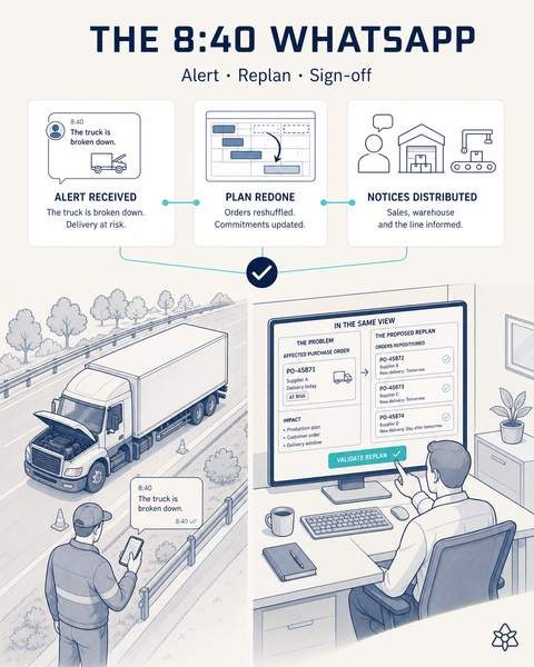 Editorial illustration: at 8:40 a.m. a WhatsApp message reports a broken down truck; on screen, the affected purchase order and the proposed replanning with reshuffled orders and alerts to sales, warehouse and line.