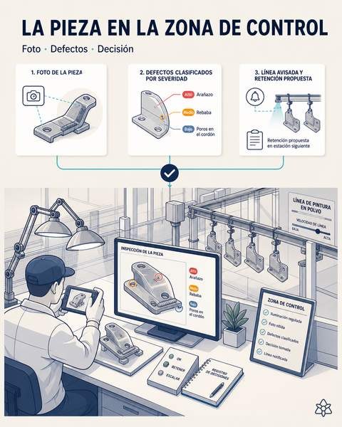 Ilustración editorial: a las 12:10 el responsable de calidad fotografía una pieza de automoción en la zona de control y la pantalla muestra arañazo, rebaba y poros clasificados por severidad, con la retención propuesta.