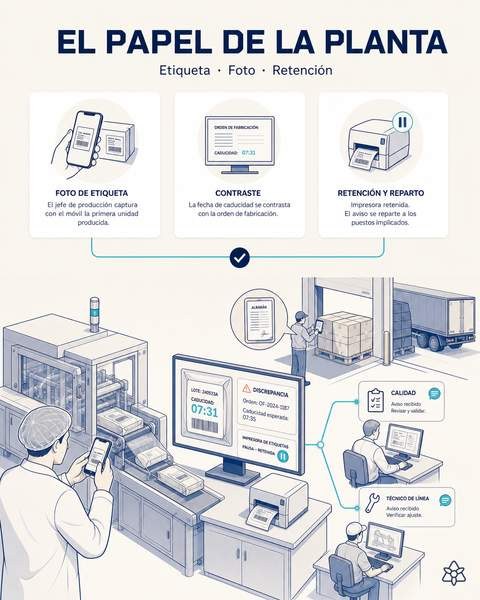 Ilustración editorial: a las 07:31 el jefe de producción fotografía la etiqueta de la primera unidad, el sistema marca la discrepancia de caducidad, retiene la impresora y reparte el aviso a calidad y al técnico de línea.