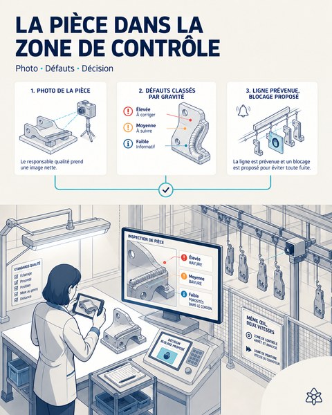 Illustration éditoriale : à 12:10, le responsable qualité photographie une pièce automobile dans la zone de contrôle ; l'écran affiche rayure, bavure et porosités classées par gravité, avec le blocage proposé.
