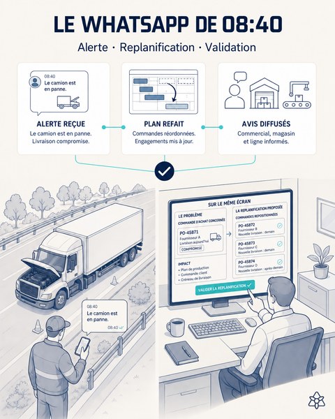 Illustration éditoriale : à 08:40, un WhatsApp annonce un camion en panne ; à l'écran, la commande d'achat concernée et la replanification proposée, avec les ordres replacés et les alertes au commercial, au magasin et à la ligne.