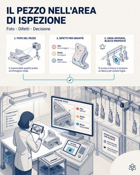 Illustrazione editoriale: alle 12:10 il responsabile qualità fotografa un pezzo automotive nella zona di controllo e lo schermo mostra graffio, bava e porosità classificati per gravità, con il blocco proposto.