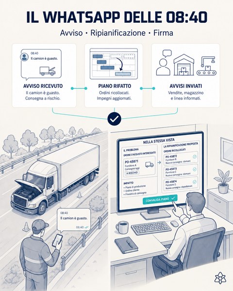 Illustrazione editoriale: alle 08:40 arriva un WhatsApp che segnala un camion guasto; sullo schermo, l'ordine d'acquisto interessato e la ripianificazione proposta, con gli ordini ricollocati e gli avvisi a commerciale, magazzino e linea.