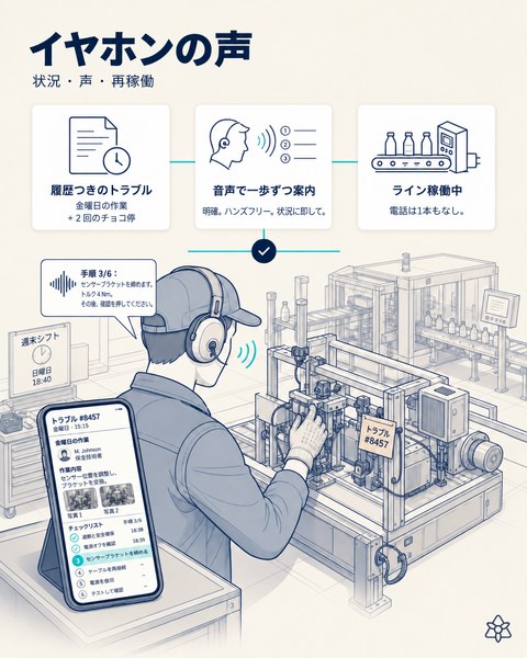 イラスト：日曜日の18:40、当番の技術者がスマートフォンでトラブルと過去の作業履歴を確認し、イヤホンが両手の空いたまま一歩ずつ案内している。