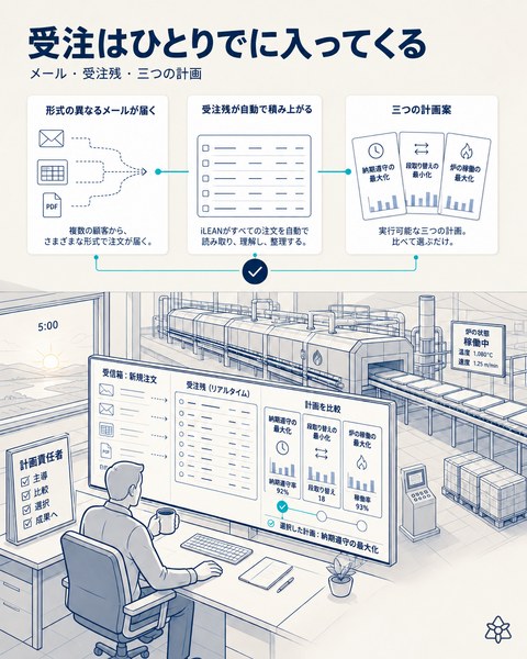 イラスト：05:00、Excel、PDF、テキストで届いた注文メールがひとつの受注残にまとまり、計画責任者が画面で三つの計画案を見比べている。