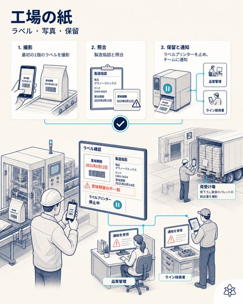 イラスト：07:31、生産責任者が最初の1個のラベルを撮影。システムが賞味期限の不一致に印をつけ、プリンターを保留し、品質部門とラインの技術者に知らせている。