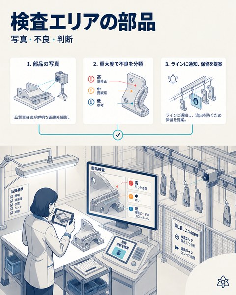 イラスト：12:10、品質責任者が検査エリアで自動車部品を撮影。画面には重大度で分類された引っかき傷、バリ、ブローホールと、提案された保留が表示されている。