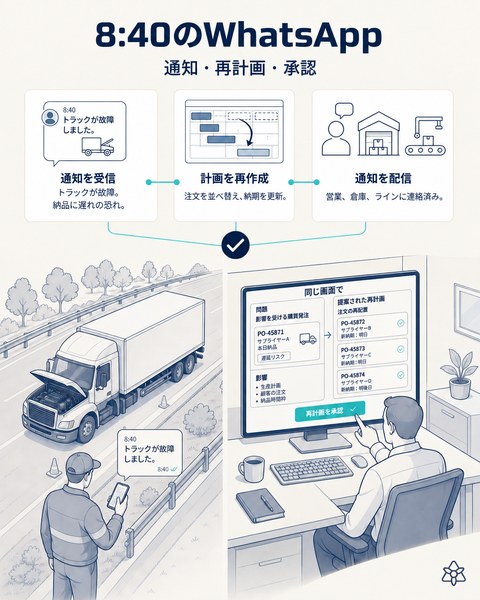 イラスト：08:40、トラックの故障を知らせるWhatsAppが届く。画面には影響を受ける購買発注と、並べ替えた製造指図や営業・倉庫・ラインへの連絡を含む再計画案が表示されている。