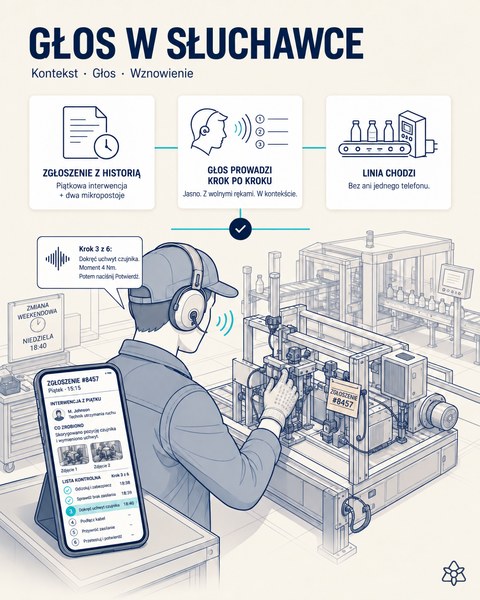Ilustracja redakcyjna: niedziela, 18:40 — technik dyżurny sprawdza w telefonie zgłoszenie wraz z historią interwencji, a słuchawka prowadzi go krok po kroku, z wolnymi rękami.