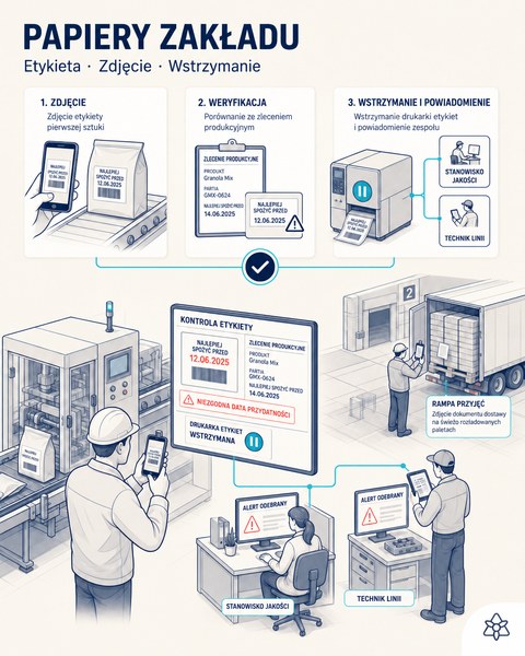 Ilustracja redakcyjna: o 07:31 kierownik produkcji fotografuje etykietę pierwszej sztuki, system zaznacza rozbieżność w dacie przydatności, wstrzymuje drukarkę i wysyła powiadomienie do działu jakości i technika linii.