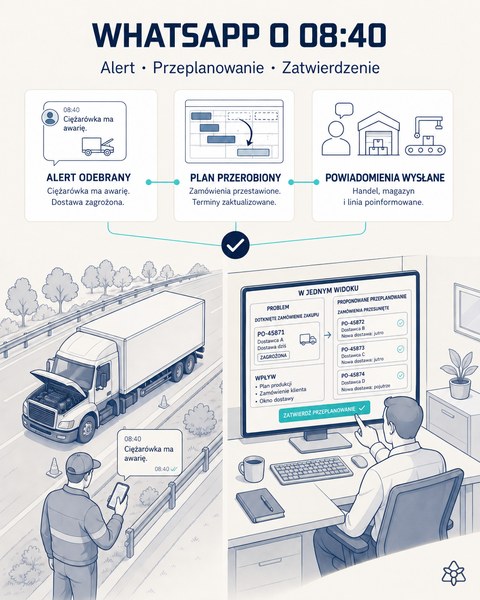 Ilustracja redakcyjna: o 08:40 przychodzi WhatsApp o zepsutej ciężarówce; na ekranie dotknięte zamówienie zakupu i proponowane przeplanowanie z przesuniętymi zleceniami oraz powiadomieniami dla działu handlowego, magazynu i linii.