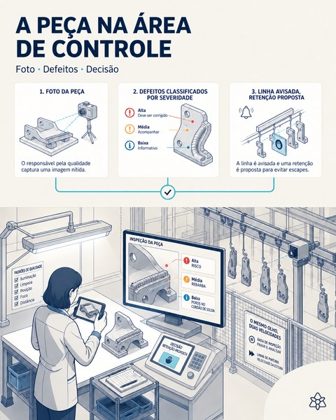 Ilustração editorial: às 12:10, o responsável pela qualidade fotografa uma peça automotiva na área de controle e a tela mostra risco, rebarba e poros classificados por severidade, com a retenção proposta.