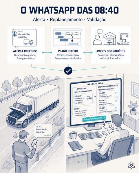 Ilustração editorial: às 08:40, chega um WhatsApp avisando que o caminhão quebrou; na tela, o pedido de compra afetado e a reprogramação proposta, com as ordens realocadas e os avisos ao comercial, ao almoxarifado e à linha.